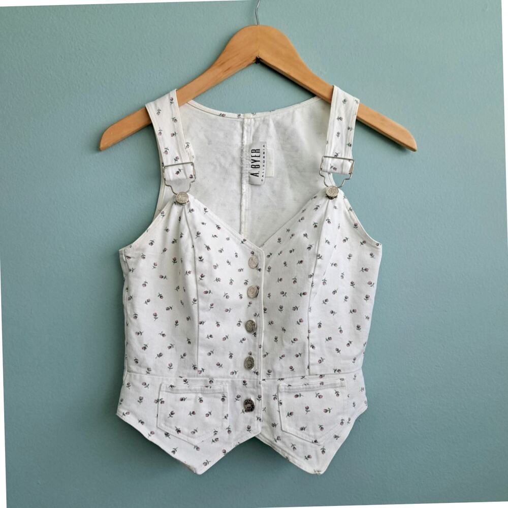 Vintage 90s A. Byer Floral Ditzy Denim Vest Crop Top Overall Strap Sz 5 XS White